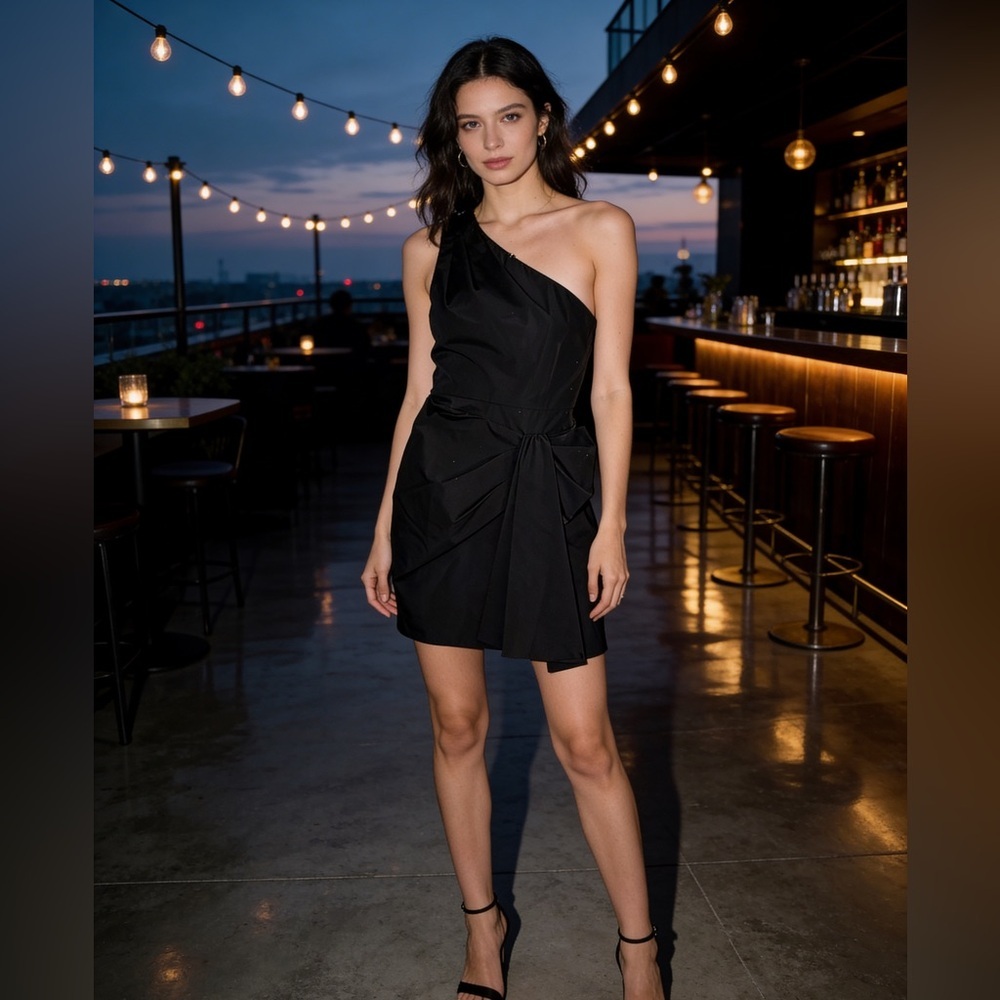 One-Shoulder Black Cocktail Dress – Draped Waist Detail – Little Black Dress